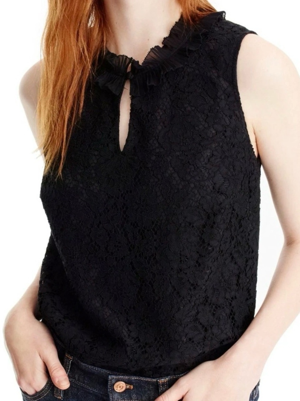 J. CREW BLACK CROCHET LACE RUFFLE PLEATED NECKLINE SLEEVELESS BLOUSE SZ XS